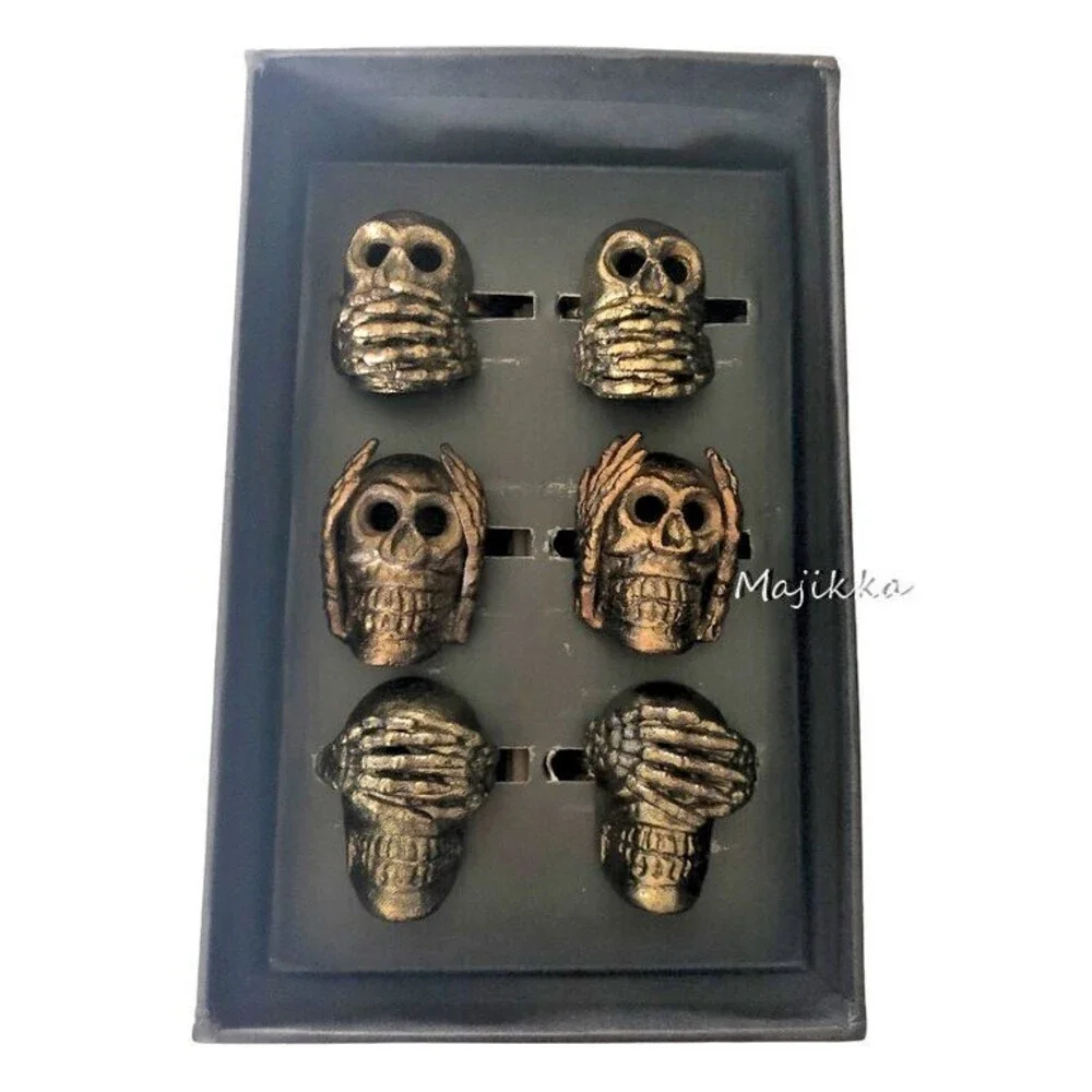 Rachel Zoe Skull Napkin Rings See Hear Speak No Evil Dark Gold Metal Set of 6